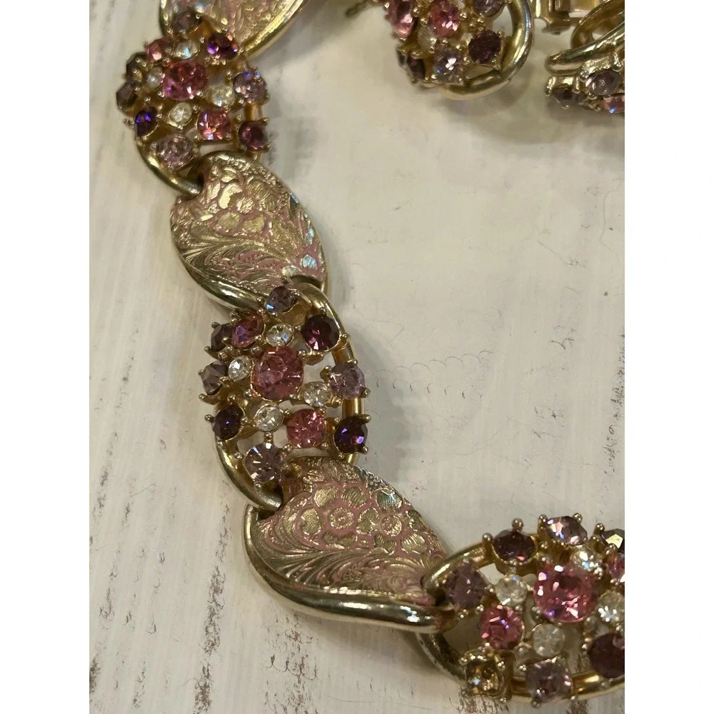 Vintage Rhinestone Enamel Bracelet Earrings Pink Purple Gold Floral Demi Parure‎